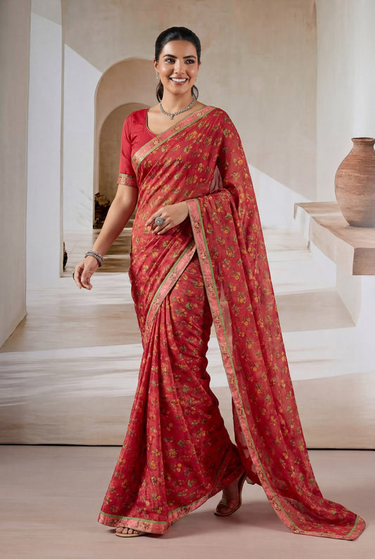 Tulsi - Red Georgette Printed Saree with Lace Border