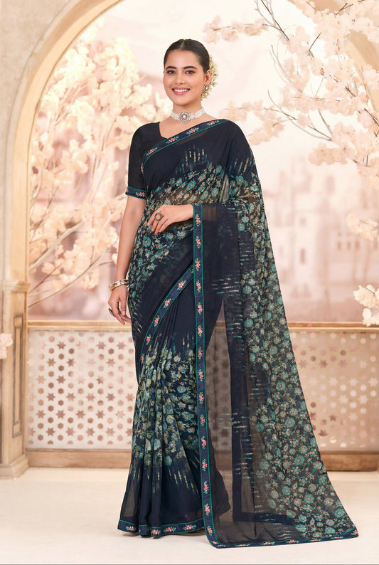 Tulsi - Blue Georgette Printed Saree with Lace Border