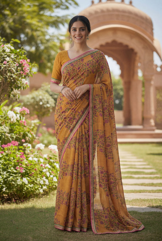 Tulsi - Yellow Georgette Printed Saree with Lace Border