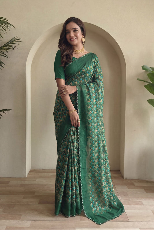 Tulsi - Green Georgette Printed Saree with Lace Border