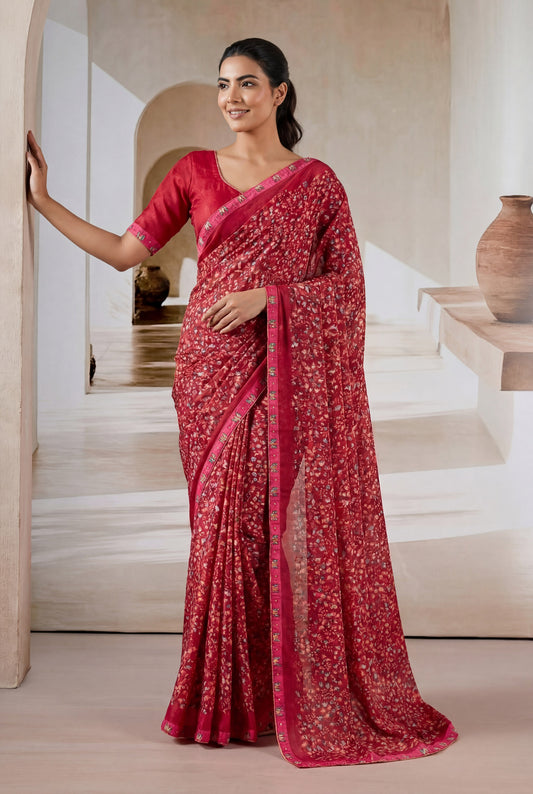 Tulsi - Rose Pink Georgette Printed Saree with Lace Border
