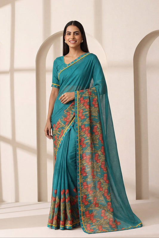 Tulsi - Firozi Georgette Printed Saree with Lace Border