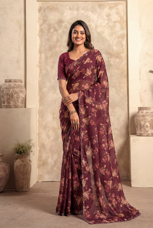 Tulsi - Purple Georgette Printed Saree with Lace Border
