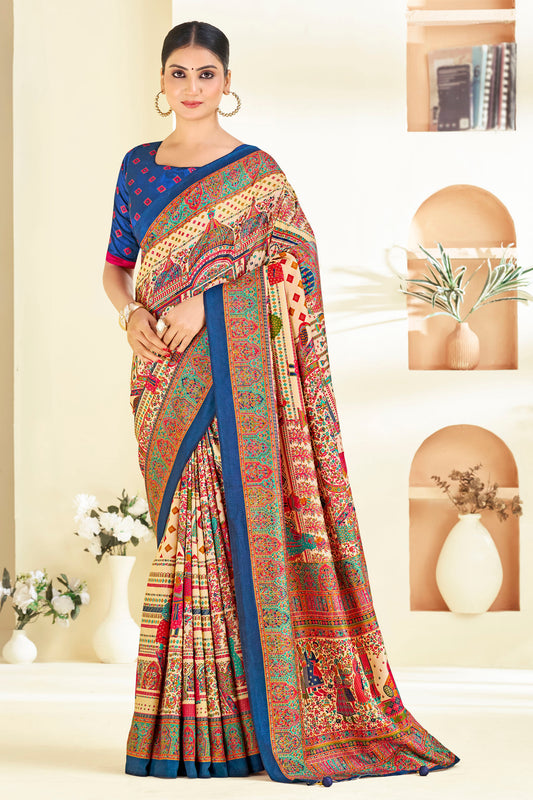 Kumuda- Blue Printed Soft Silk Saree