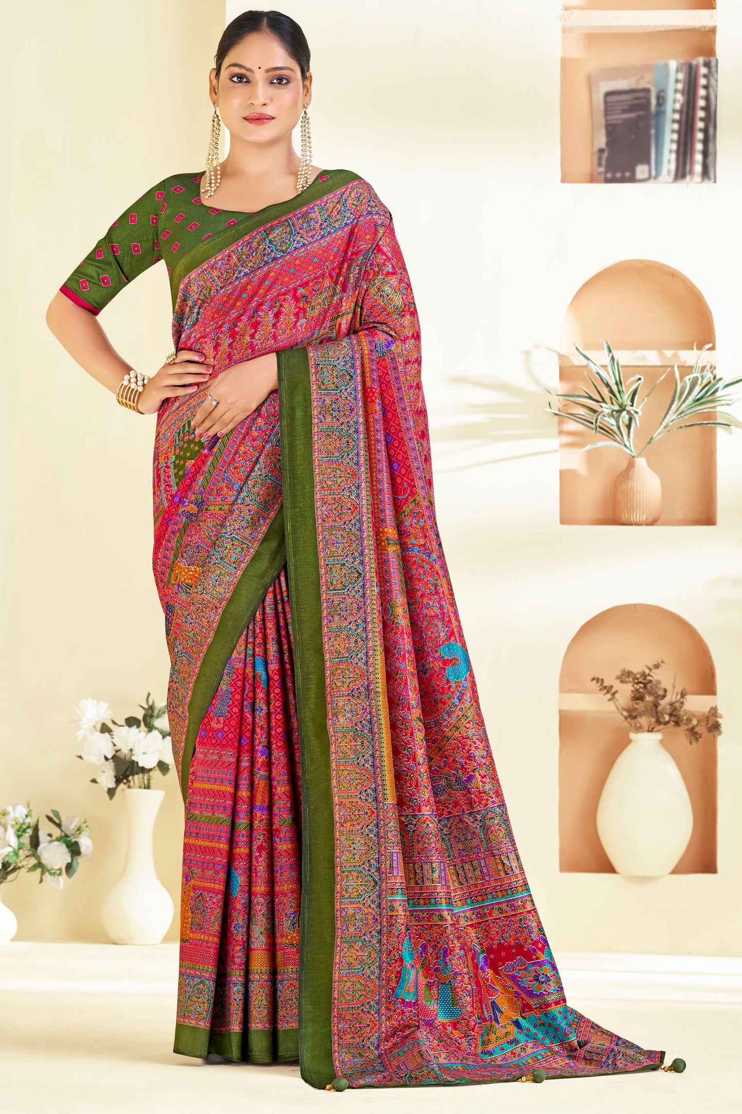 Kumuda- Mehendi Green Printed Soft Silk Saree