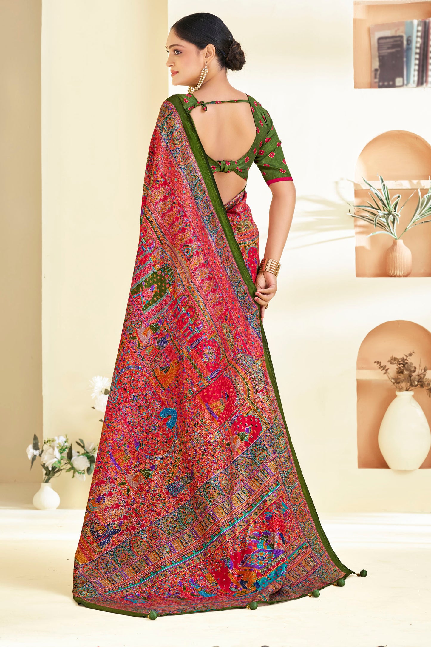 Kumuda- Mehendi Green Printed Soft Silk Saree