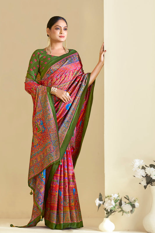Kumuda- Mehendi Green Printed Soft Silk Saree