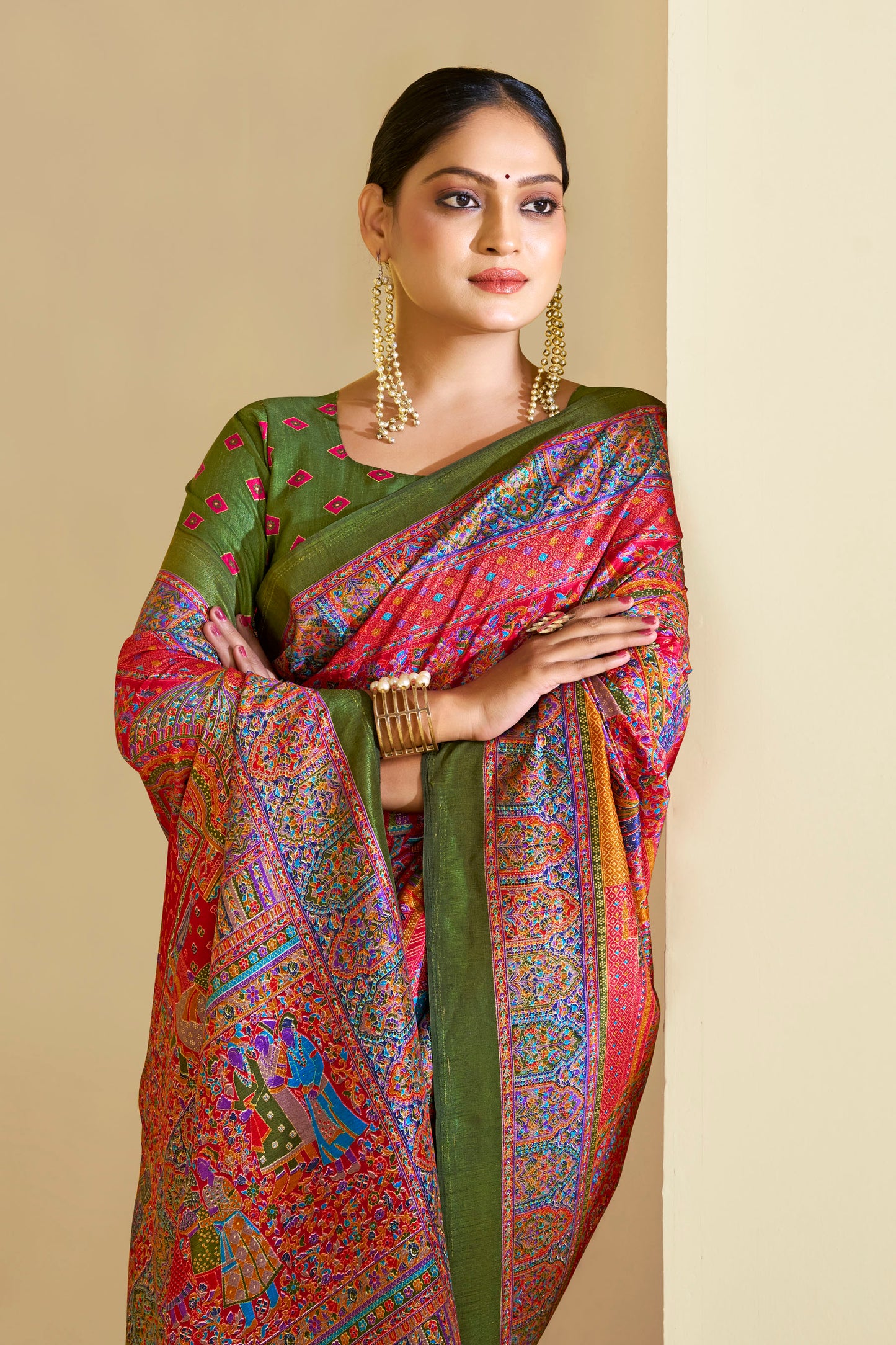 Kumuda- Mehendi Green Printed Soft Silk Saree
