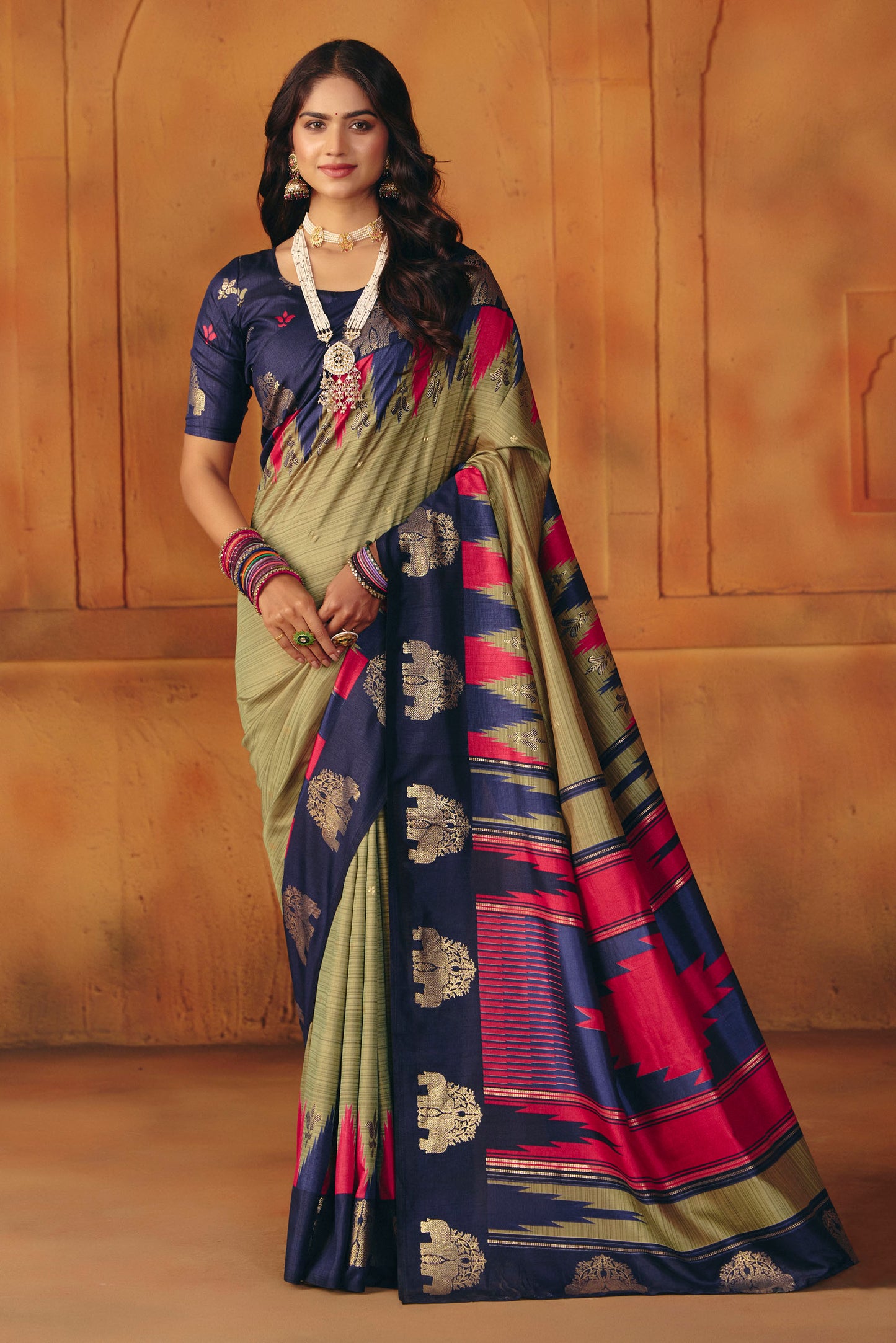 Rajkumari - Olive Green Printed Soft Silk Saree