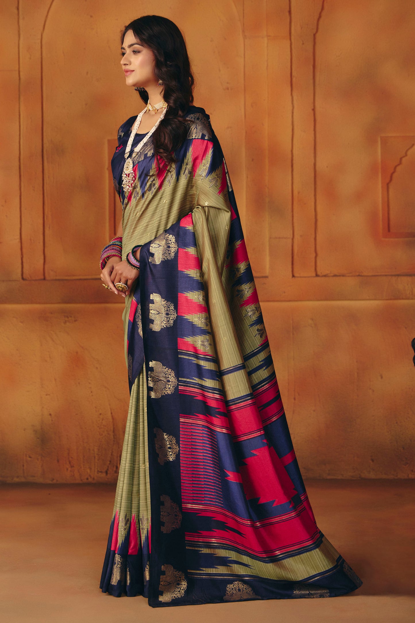 Rajkumari - Olive Green Printed Soft Silk Saree