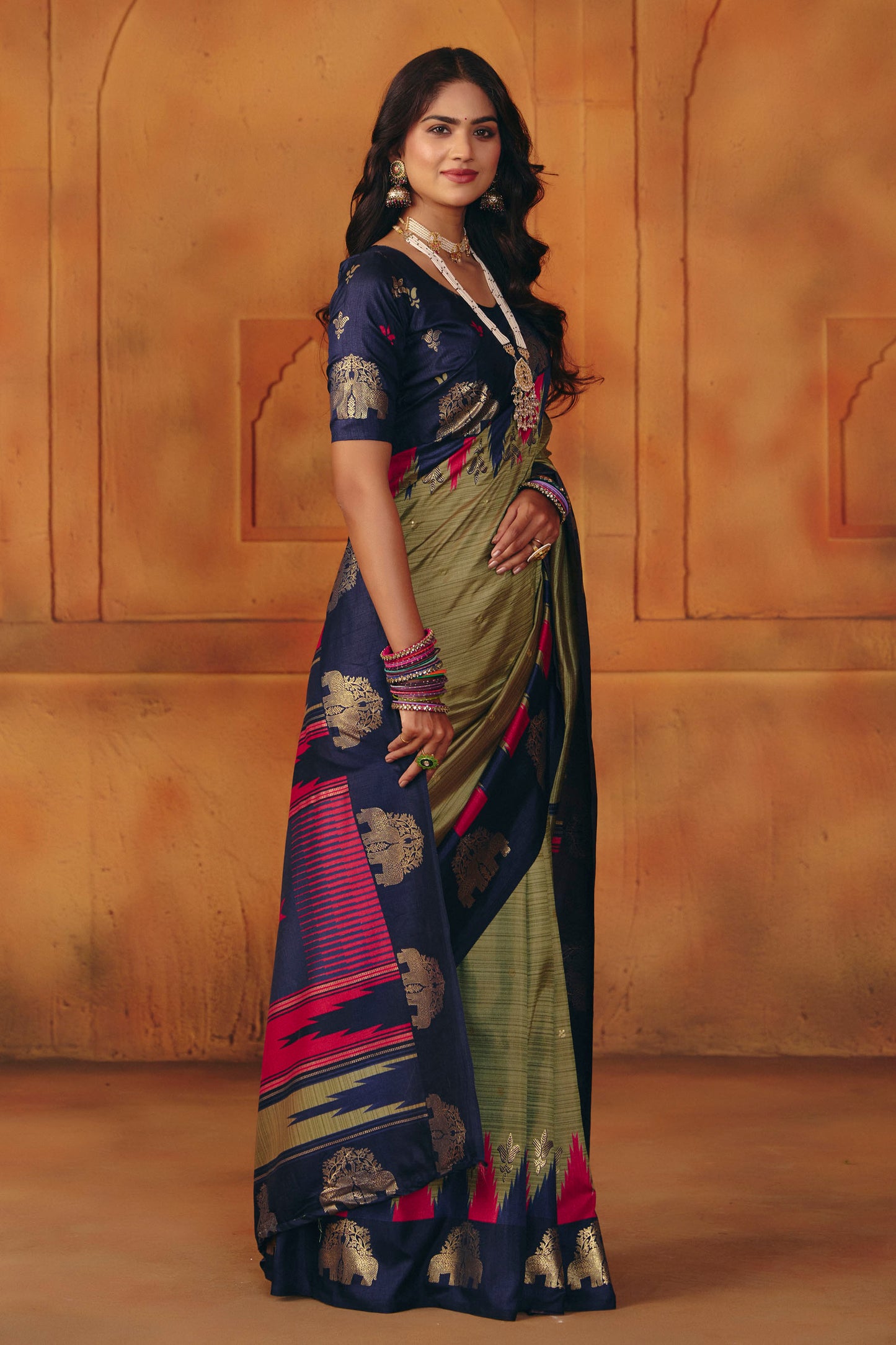 Rajkumari - Olive Green Printed Soft Silk Saree