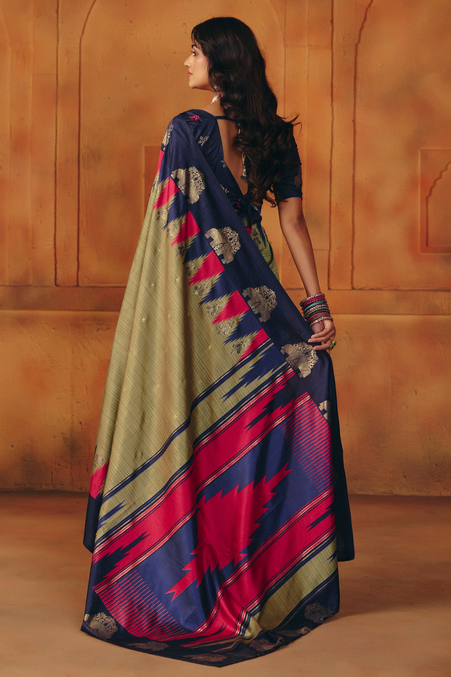 Rajkumari - Olive Green Printed Soft Silk Saree