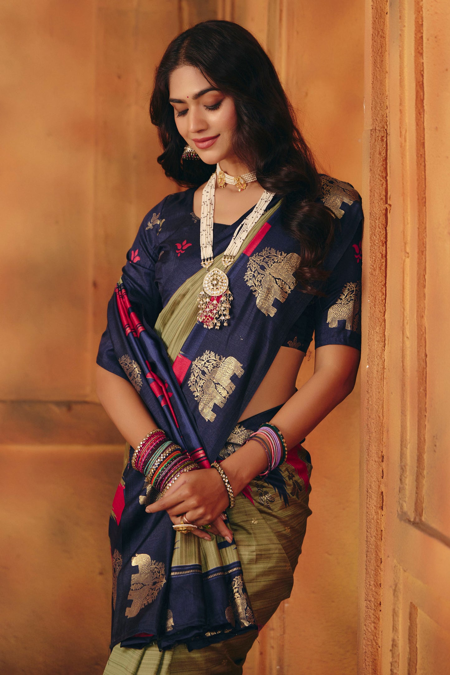 Rajkumari - Olive Green Printed Soft Silk Saree