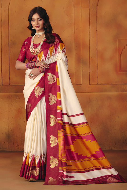 Rajkumari - Cream Printed Soft Silk Saree