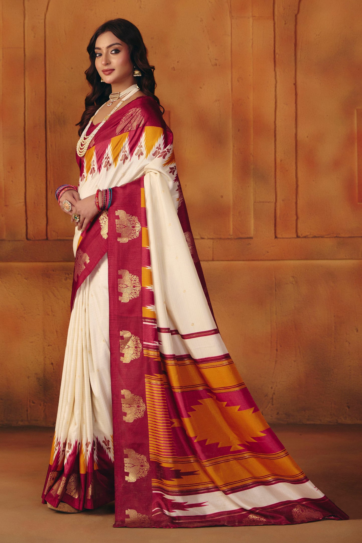 Rajkumari - Cream Printed Soft Silk Saree