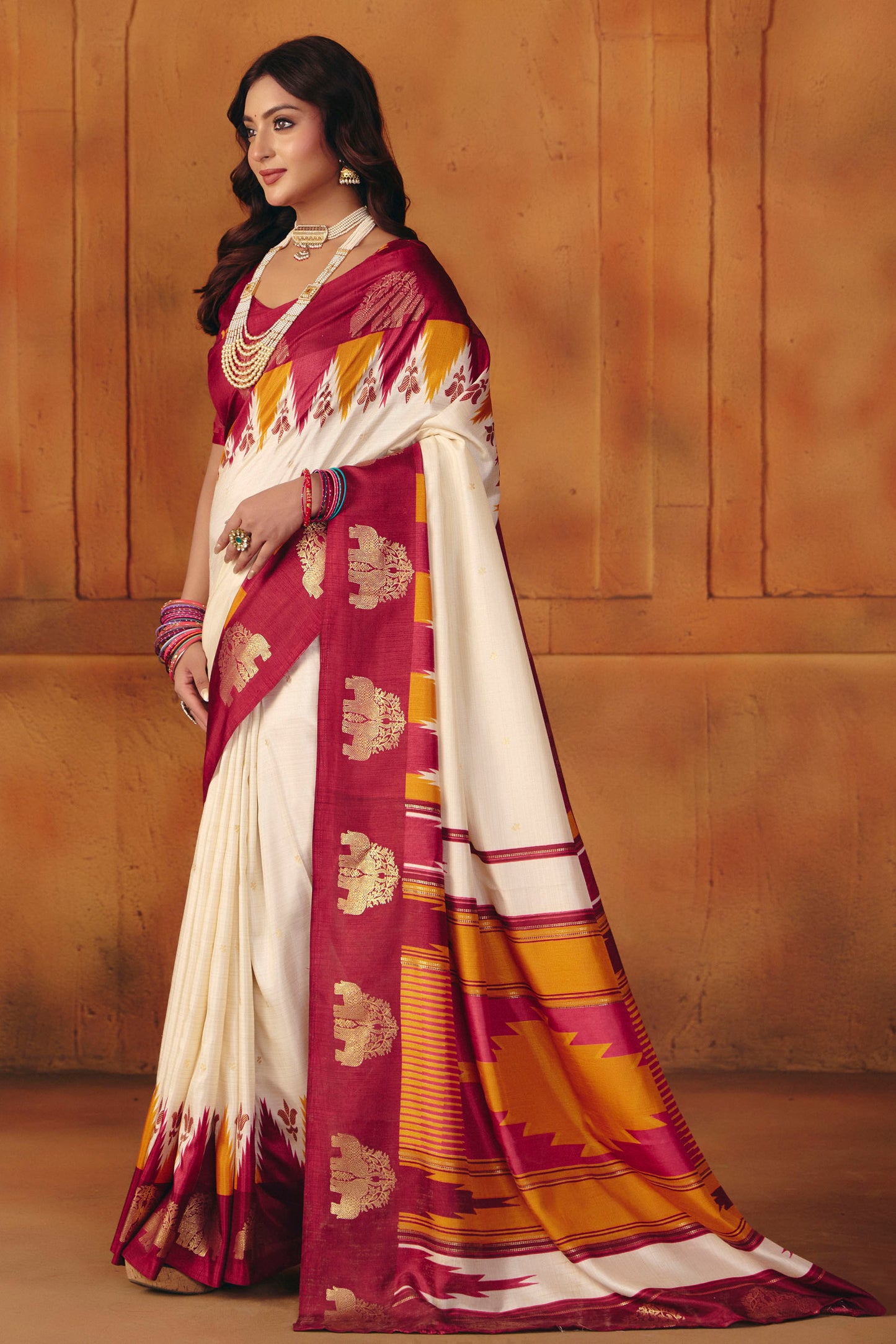 Rajkumari - Cream Printed Soft Silk Saree