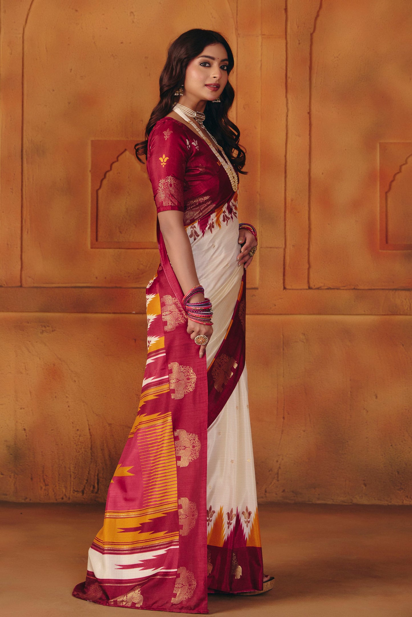 Rajkumari - Cream Printed Soft Silk Saree