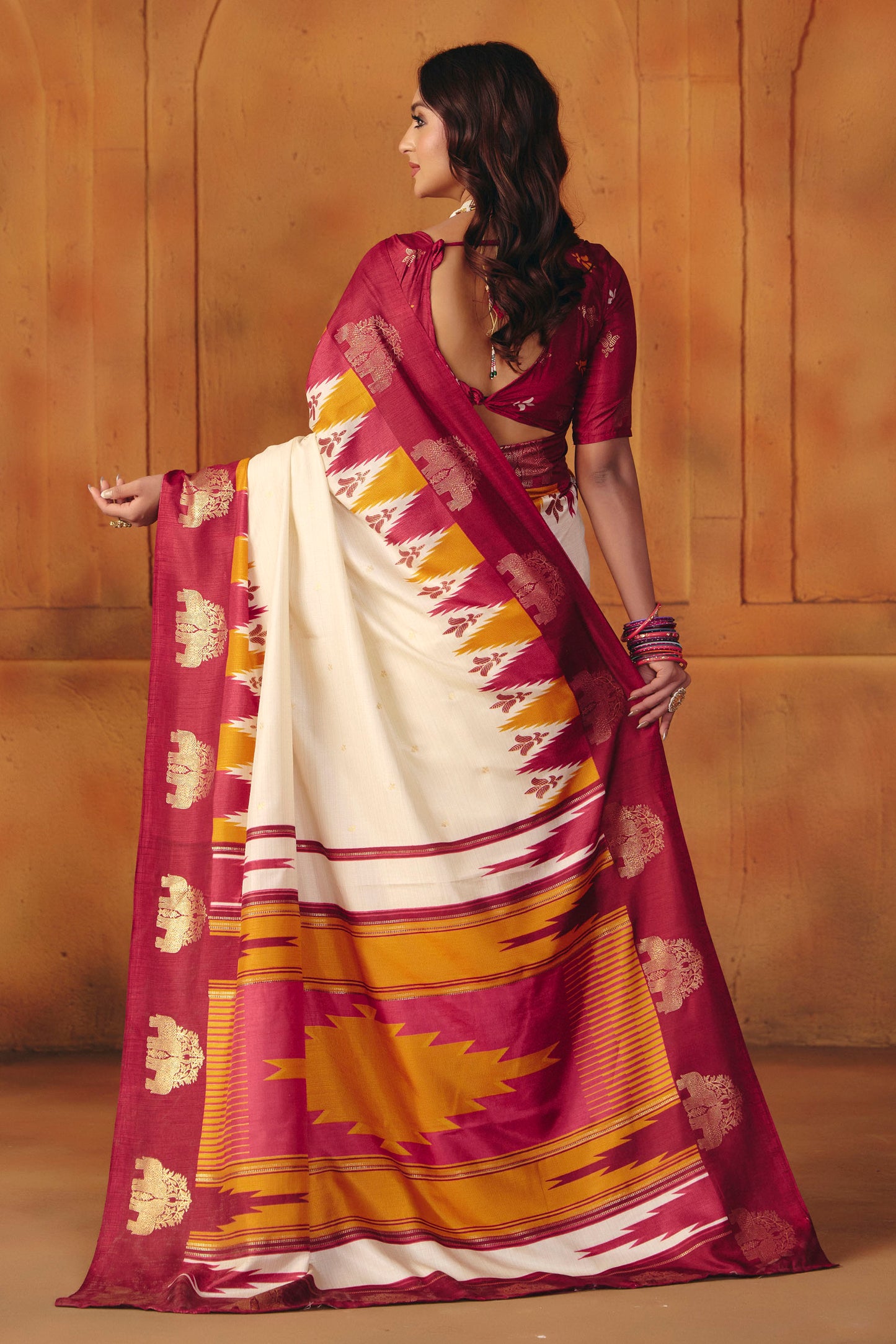 Rajkumari - Cream Printed Soft Silk Saree