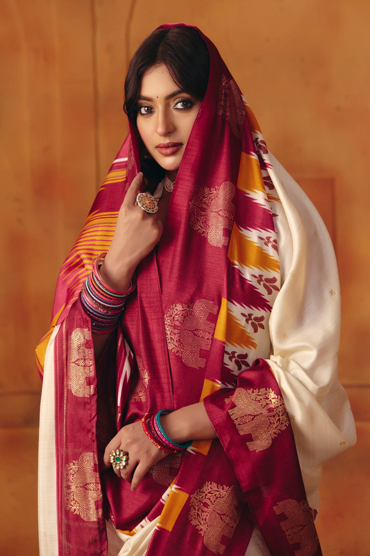 Rajkumari - Cream Printed Soft Silk Saree