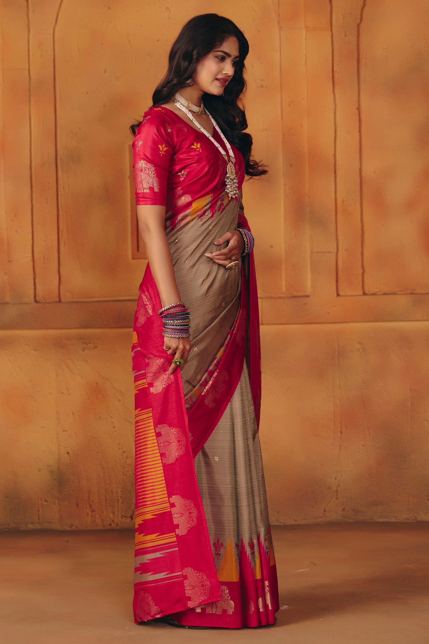 Rajkumari - Brown Printed Soft Silk Saree