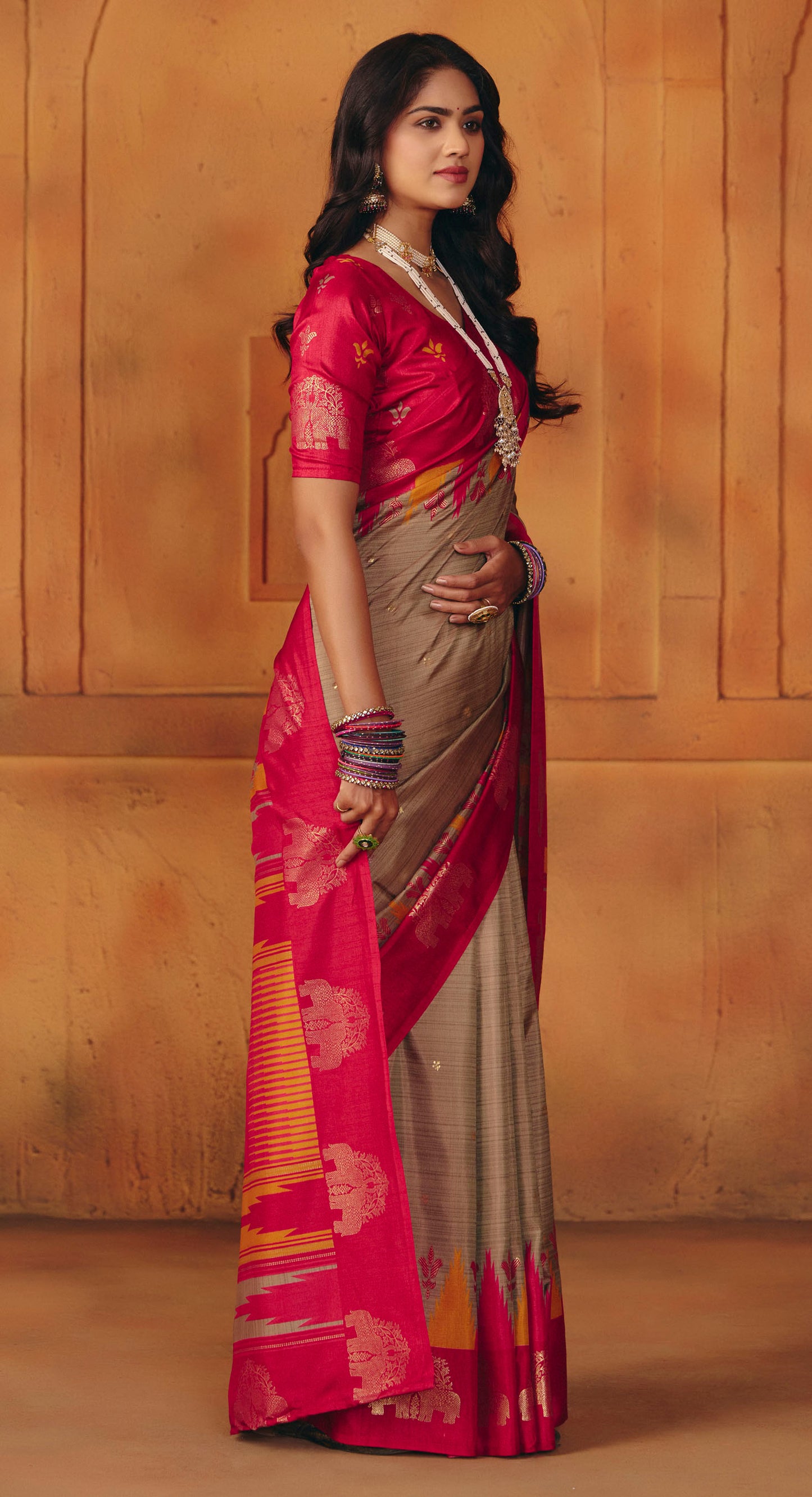 Rajkumari - Brown Printed Soft Silk Saree