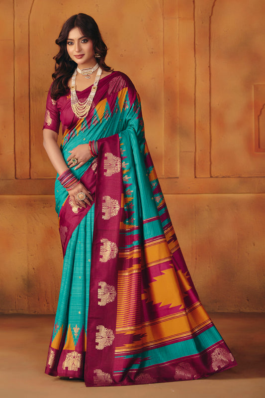 Rajkumari - Blue Printed Soft Silk Saree