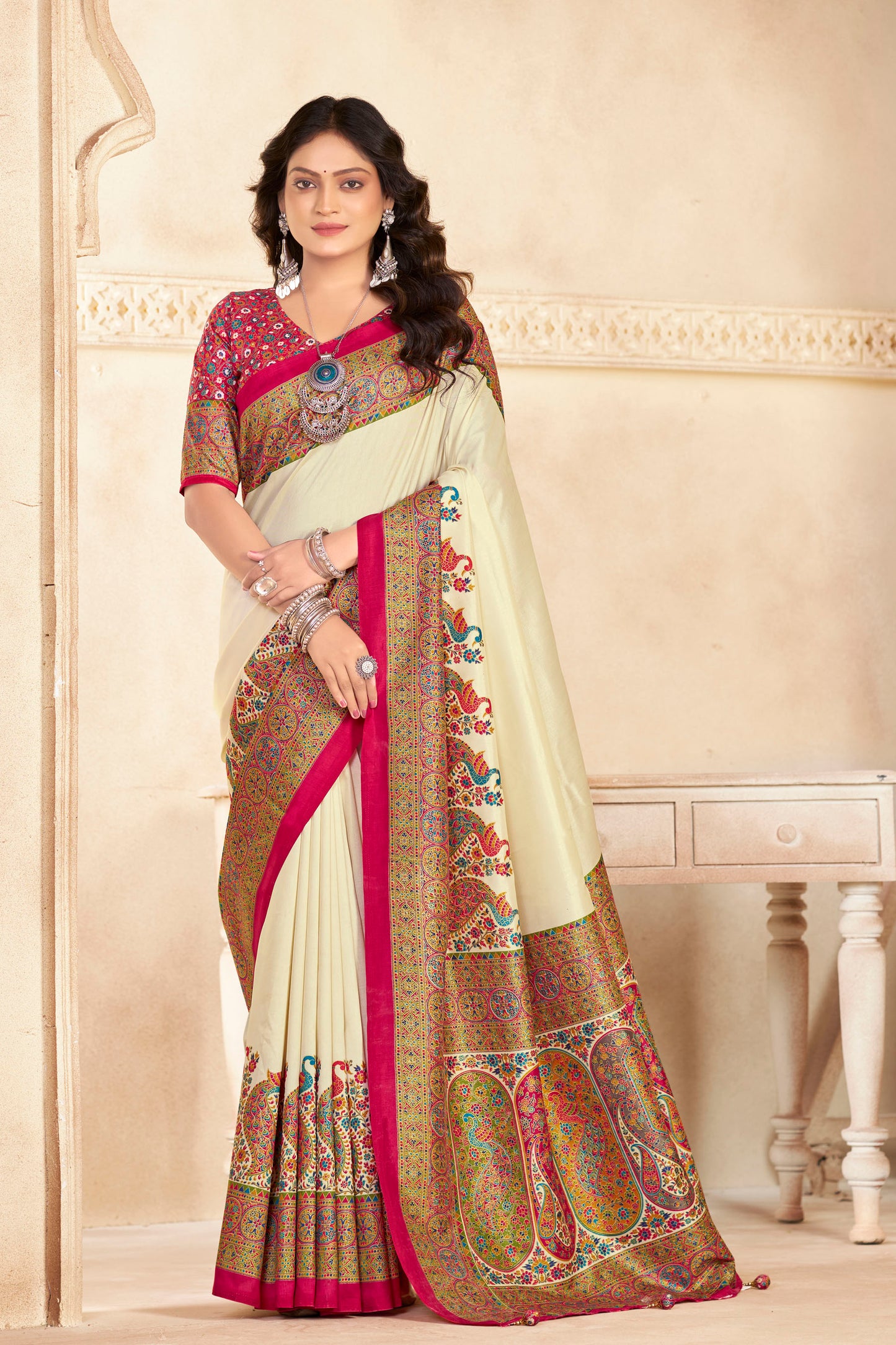 Kumuda - Beige Mysore Silk Jari Printed Saree