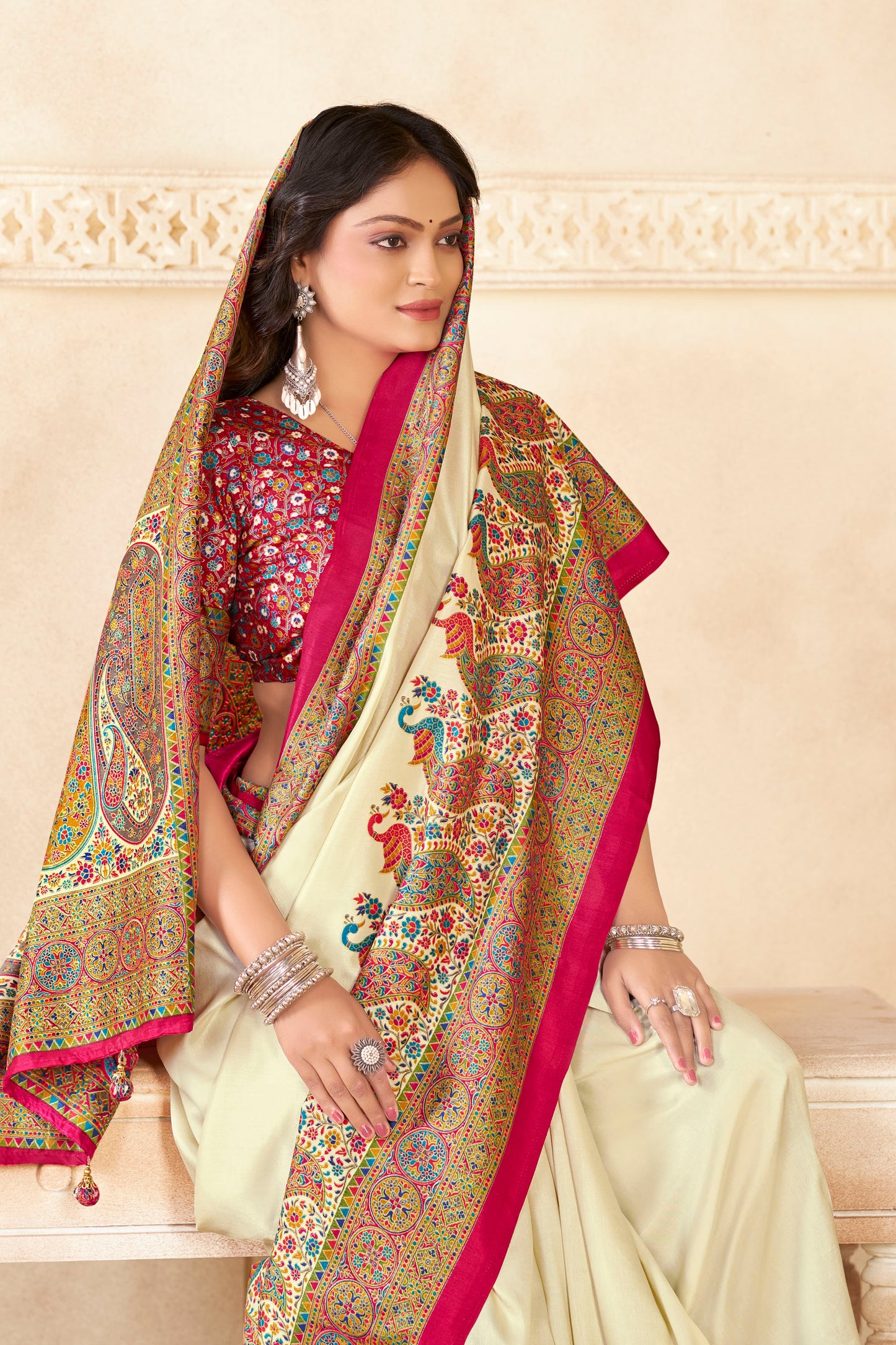 Kumuda - Beige Mysore Silk Jari Printed Saree