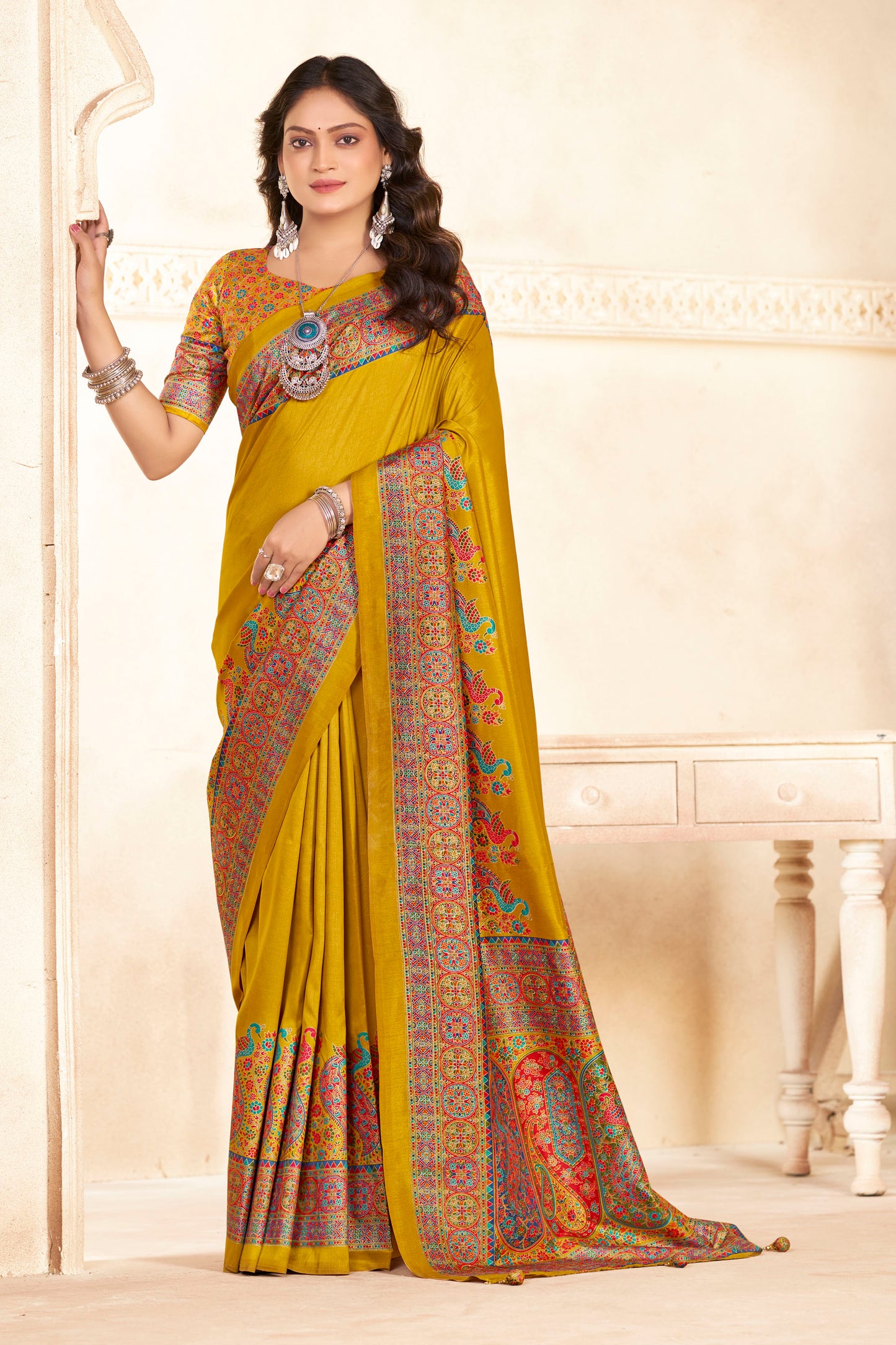Kumuda - Yellow Mysore Silk Jari Printed Saree