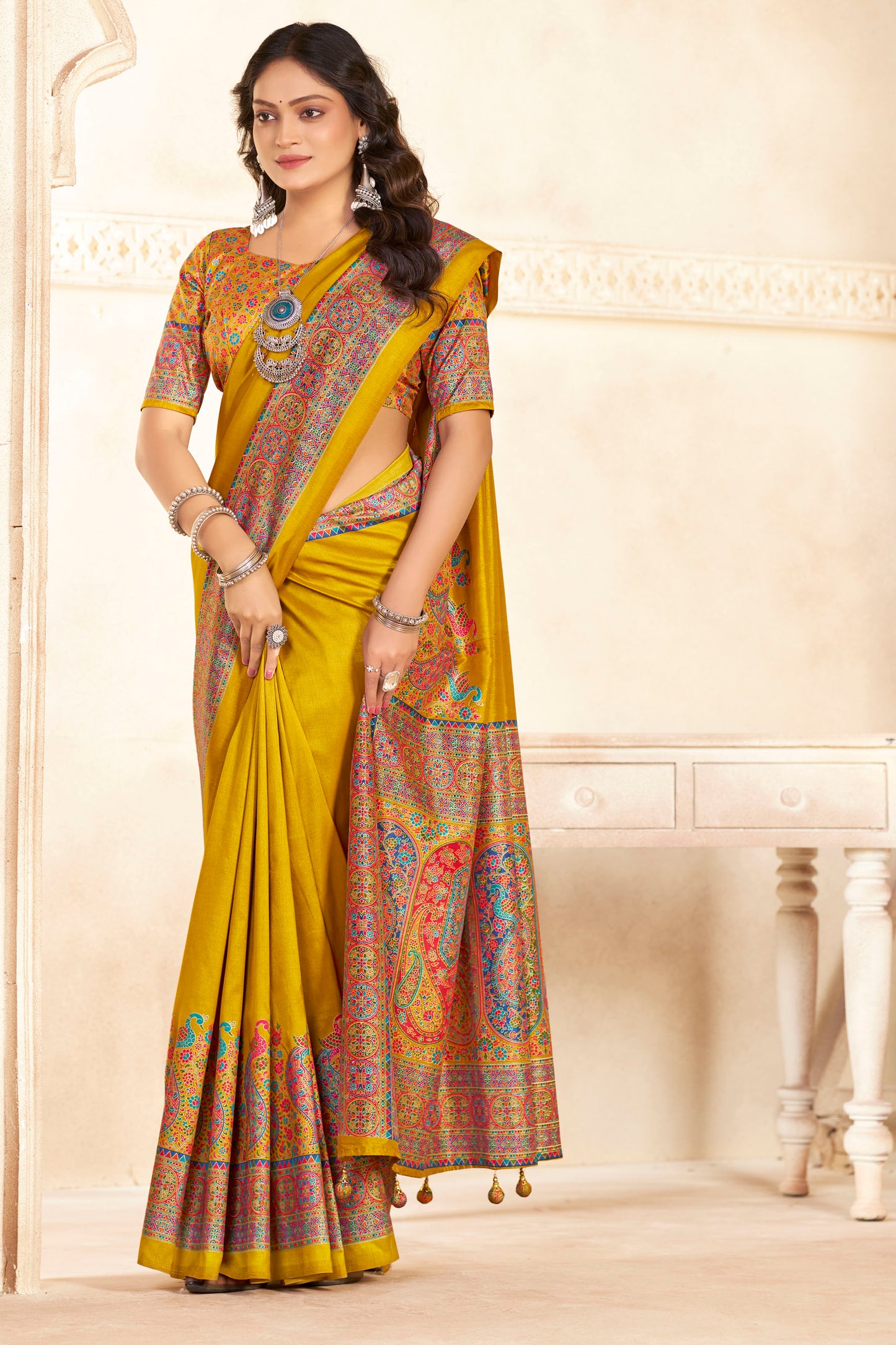 Kumuda - Yellow Mysore Silk Jari Printed Saree