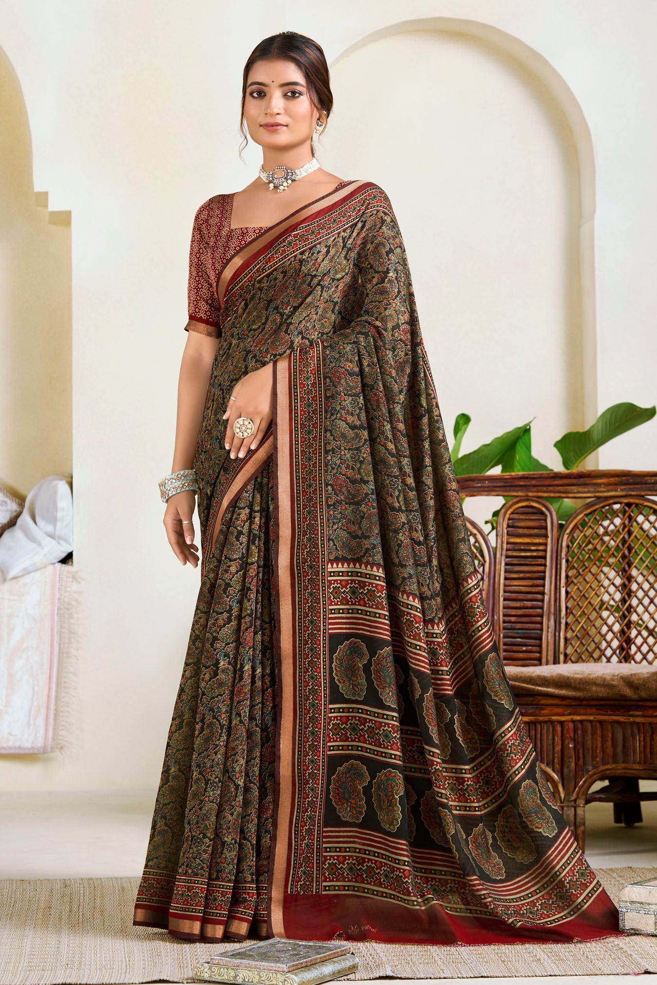 Monalisa - Black Printed Liva Cotton Silk Saree