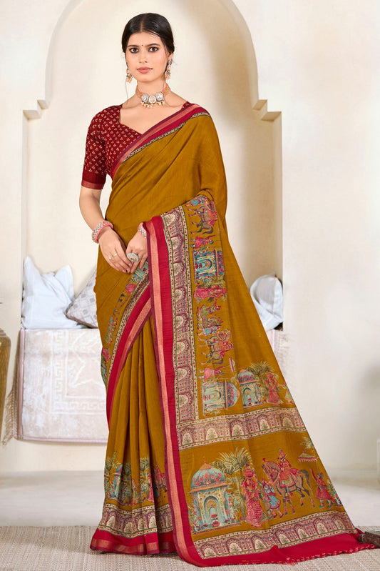 Monalisa - Yellow Printed Liva Cotton Silk Saree
