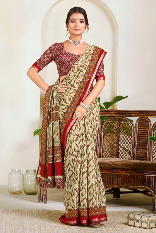 Monalisa - Mint Green Printed Liva Cotton Silk Saree