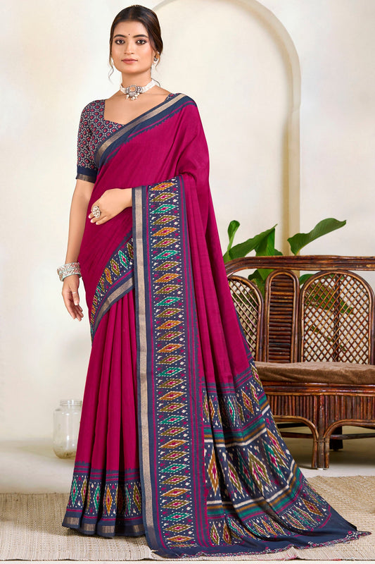 Monalisa - Pink Printed Liva Cotton Silk Saree