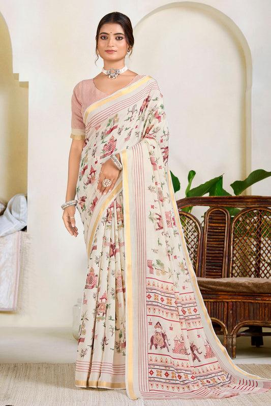 Monalisa - Off White Printed Liva Cotton Silk Saree