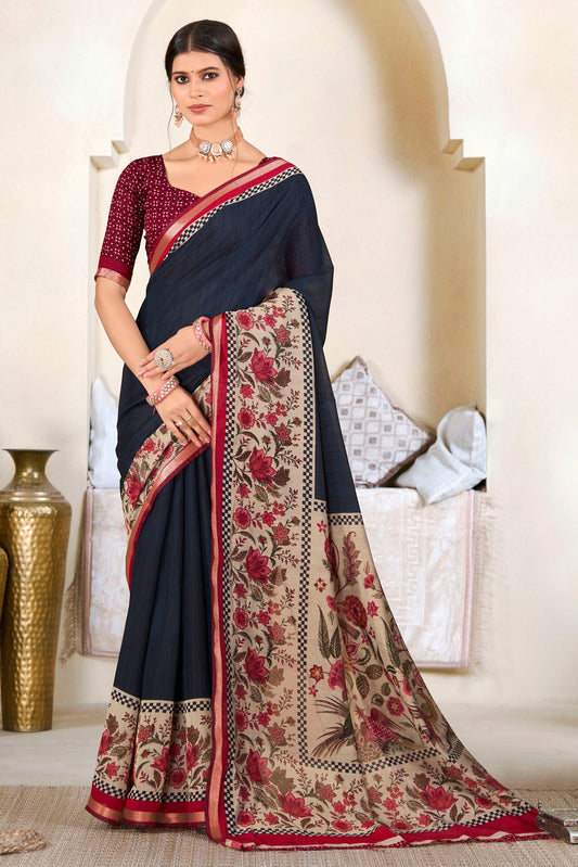 Monalisa - Navy Blue Printed Liva Cotton Silk Saree