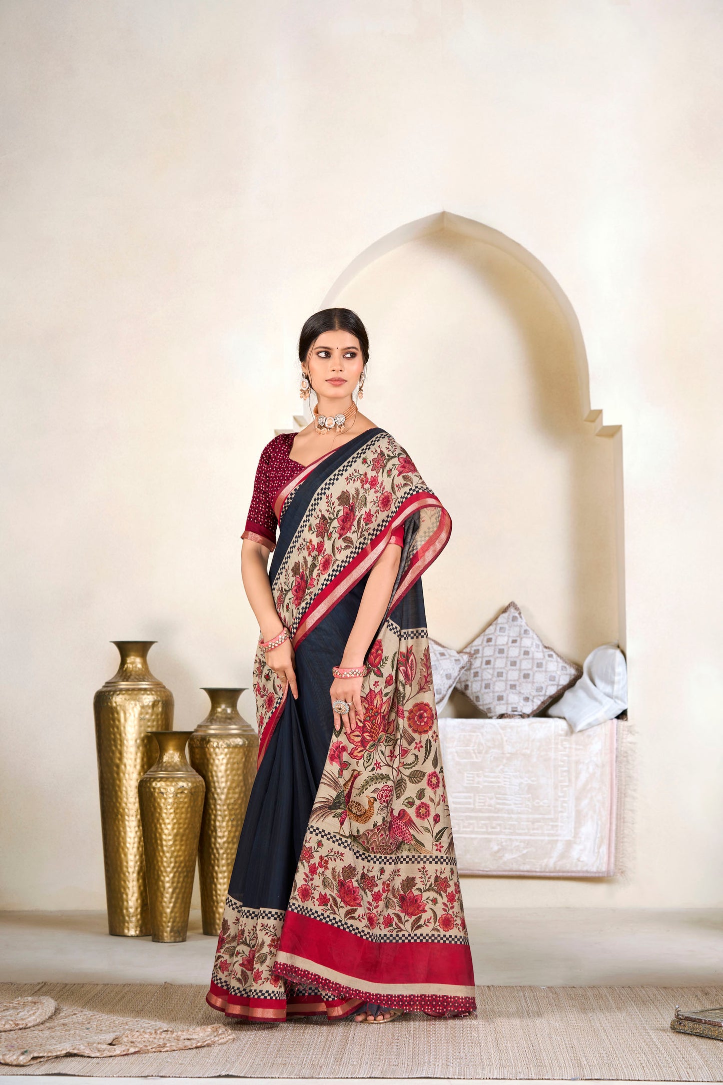 Monalisa - Navy Blue Printed Liva Cotton Silk Saree