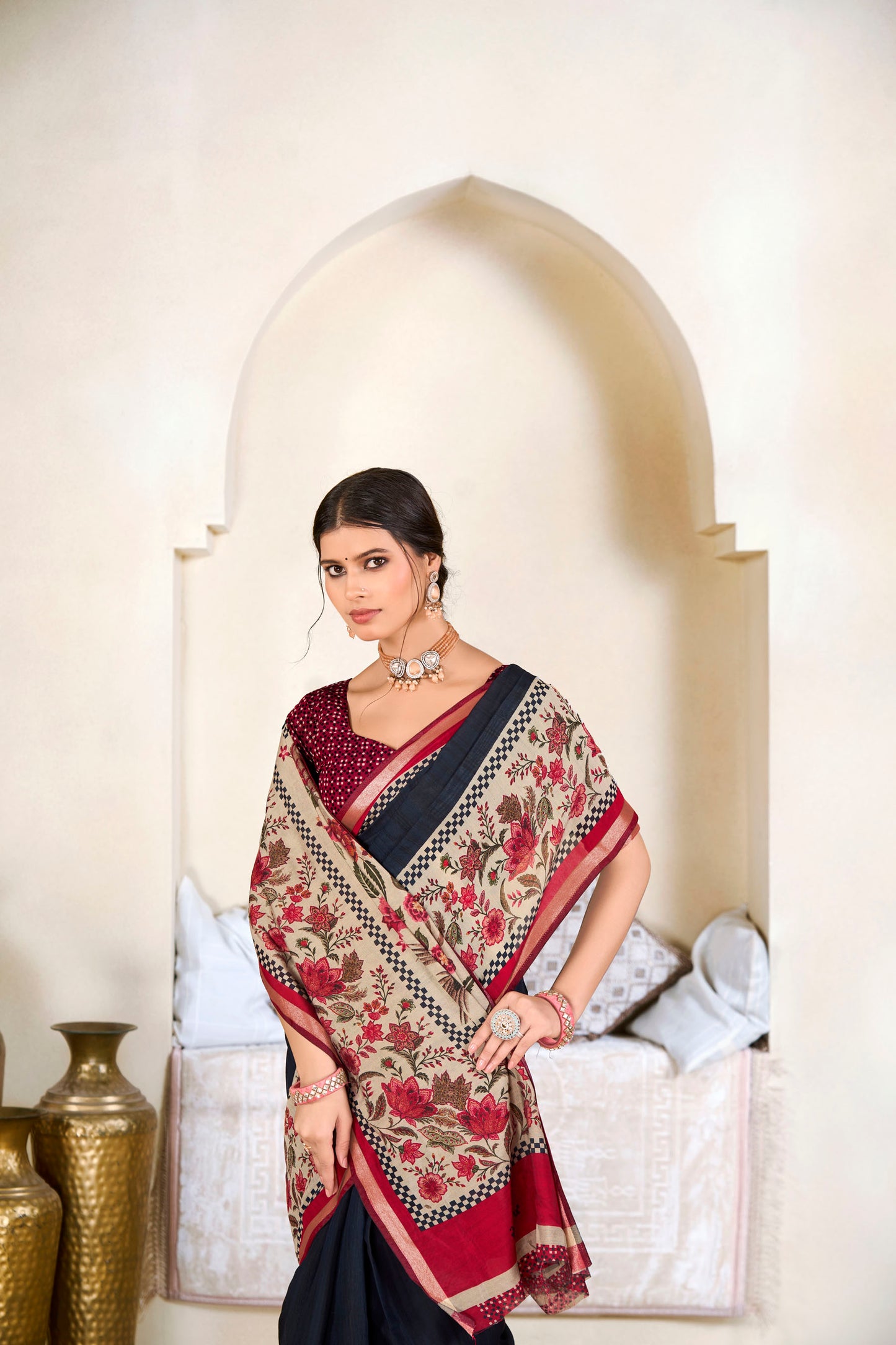 Monalisa - Navy Blue Printed Liva Cotton Silk Saree