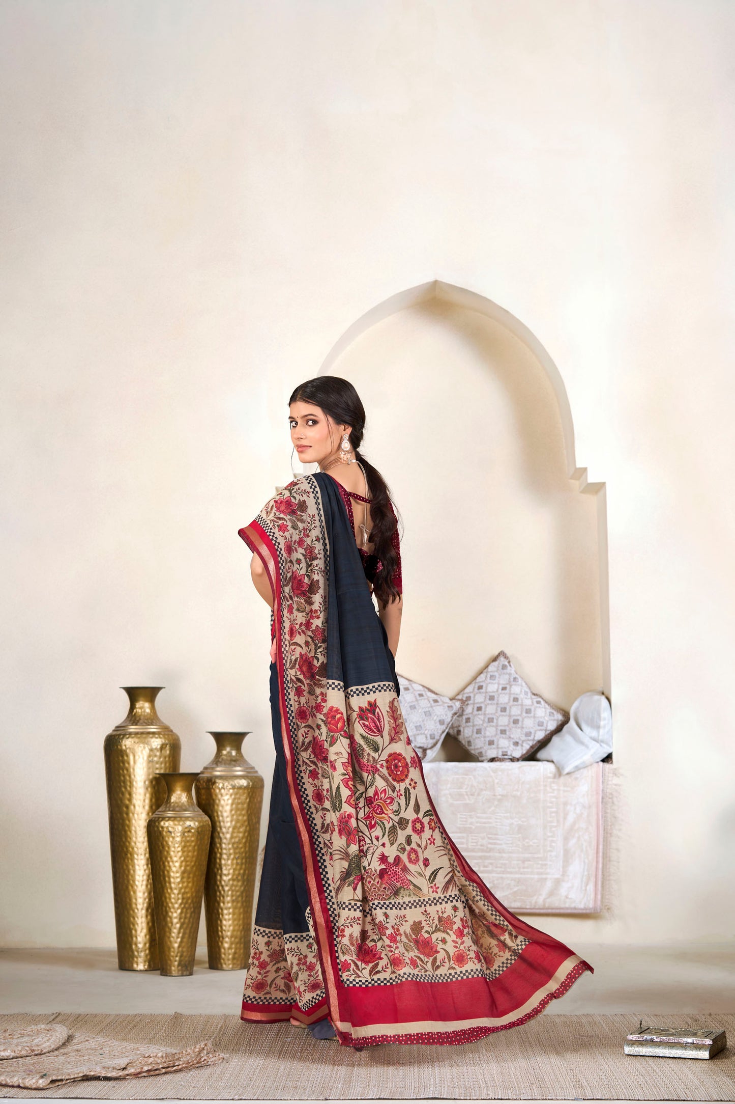 Monalisa - Navy Blue Printed Liva Cotton Silk Saree