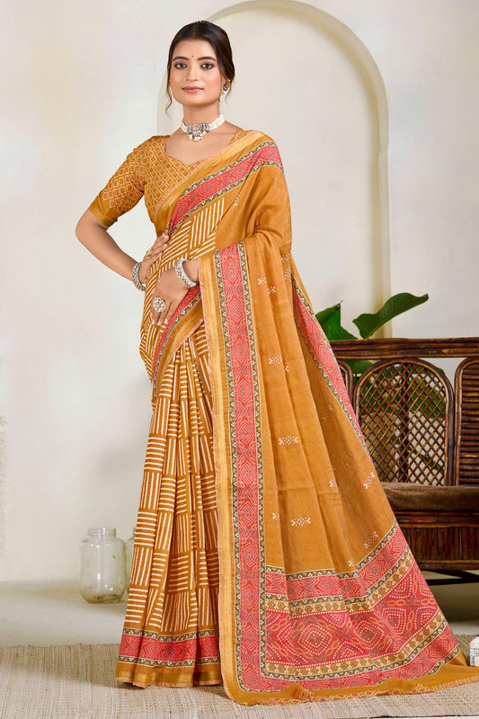 Monalisa - Yellow Printed Liva Cotton Silk Saree