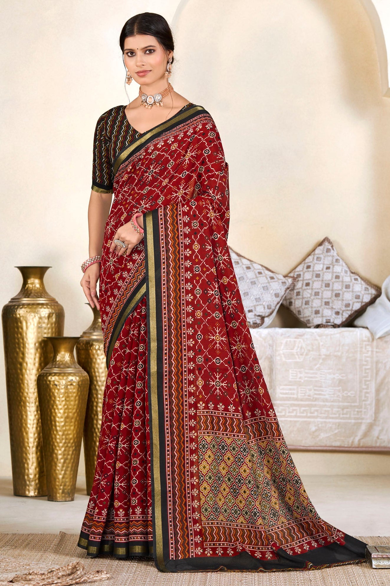 Monalisa - Red Printed Liva Cotton Silk Saree