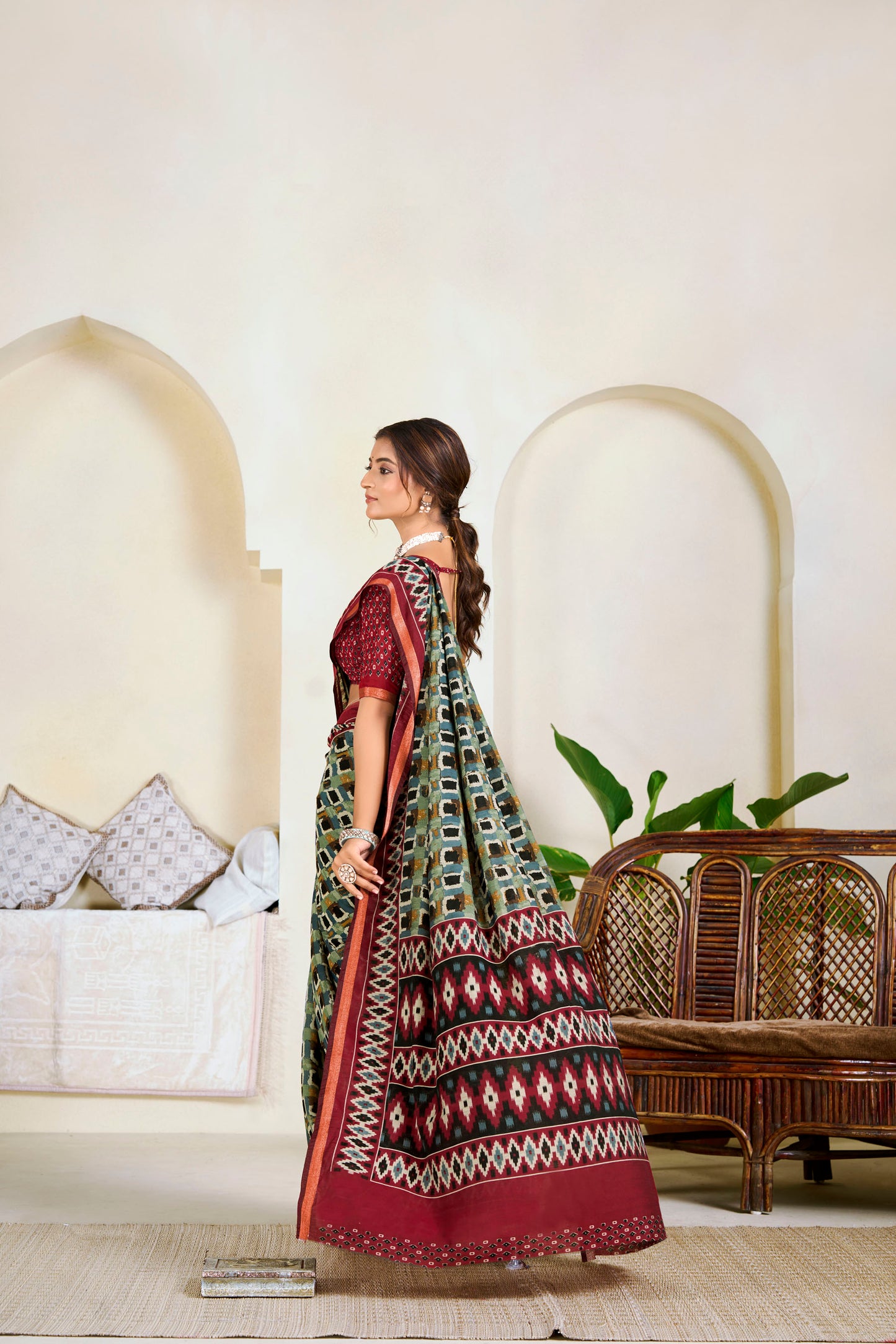 Monalisa - Green Printed Liva Cotton Silk Saree