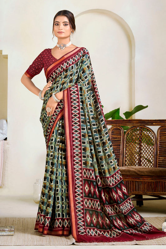 Monalisa - Green Printed Liva Cotton Silk Saree