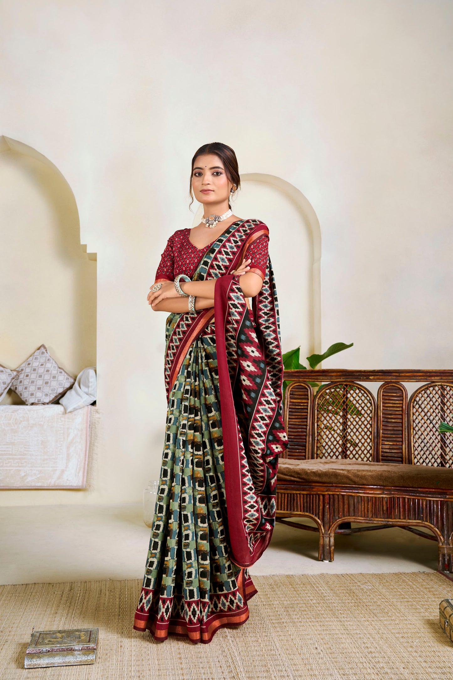 Monalisa - Green Printed Liva Cotton Silk Saree