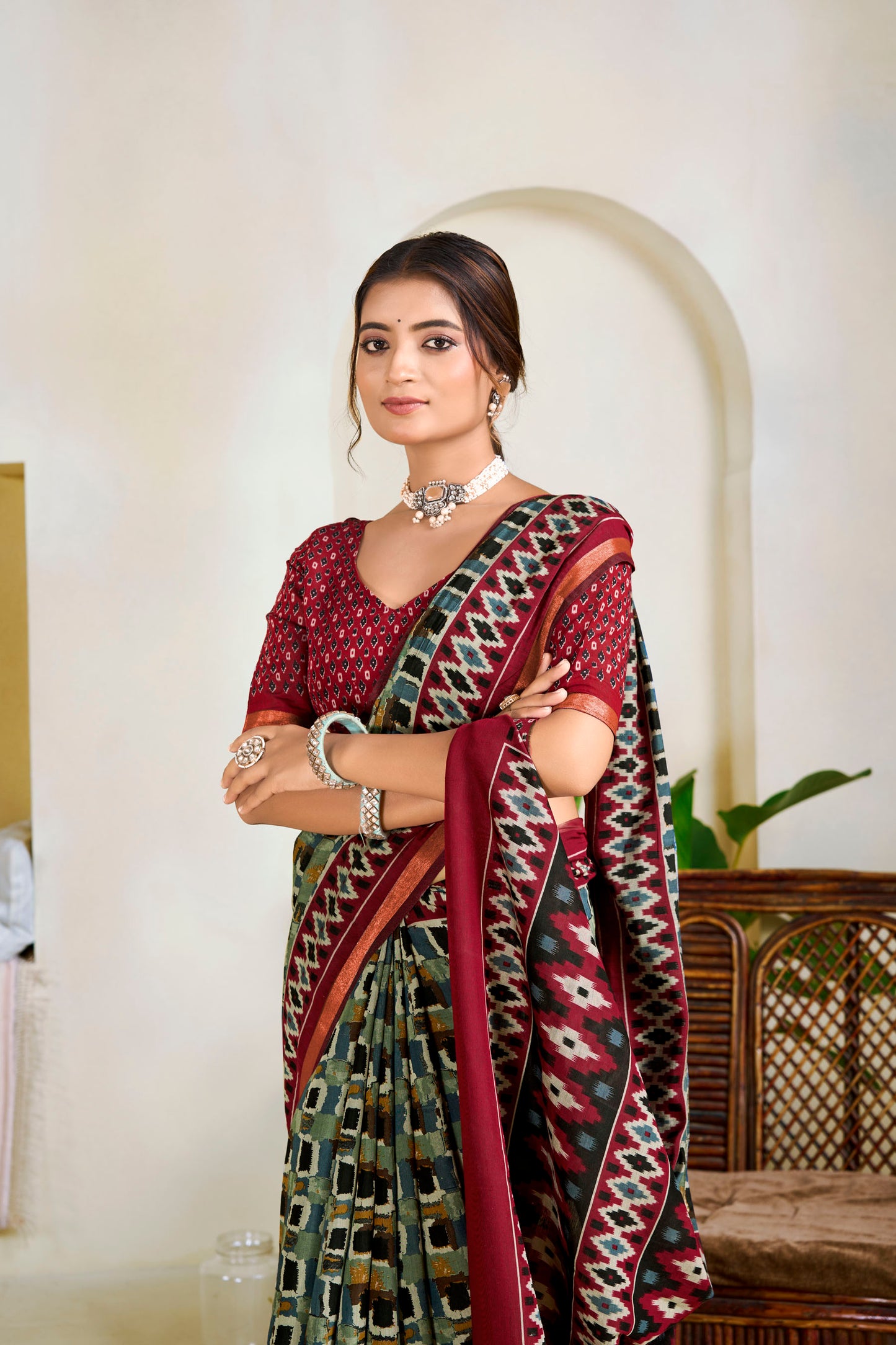 Monalisa - Green Printed Liva Cotton Silk Saree