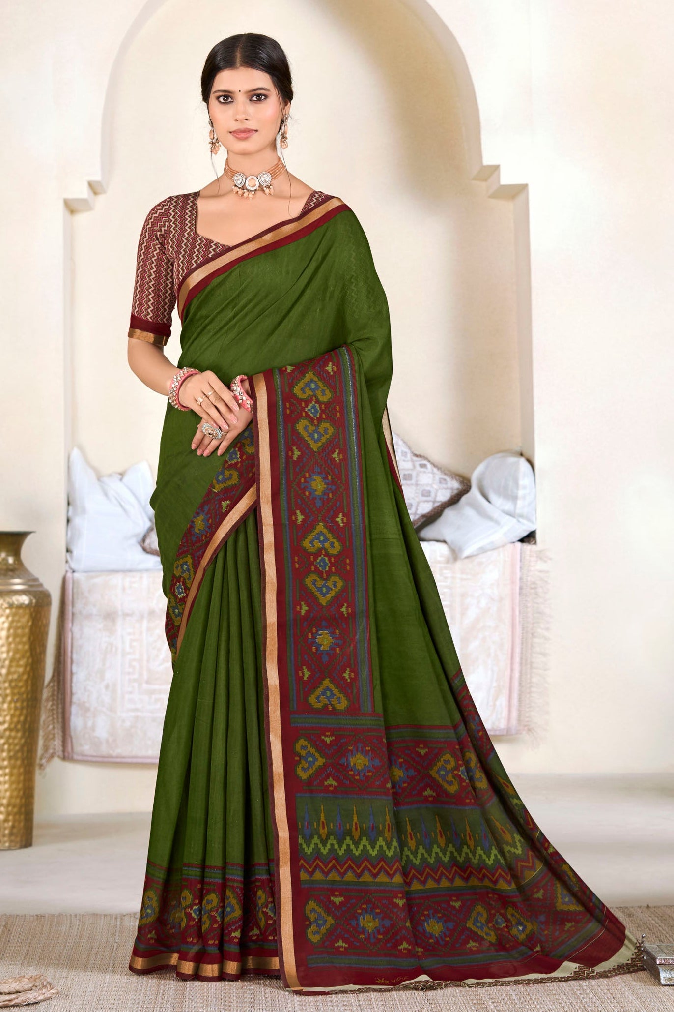 Monalisa - Green Printed Liva Cotton Silk Saree