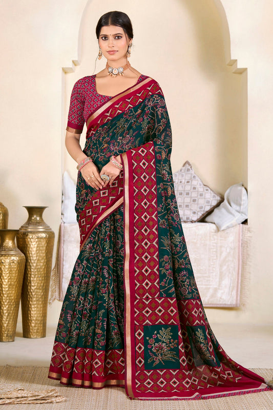 Monalisa - Green Printed Liva Cotton Silk Saree