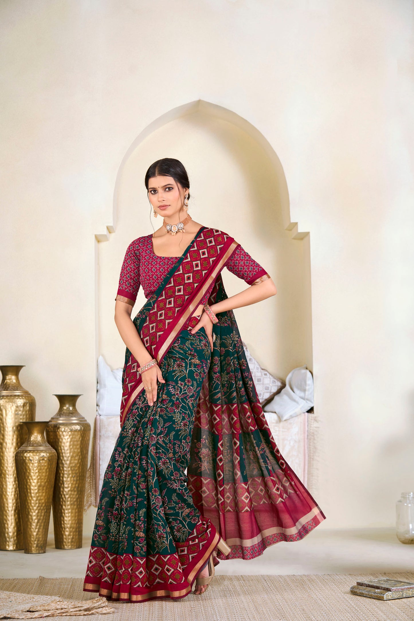 Monalisa - Green Printed Liva Cotton Silk Saree