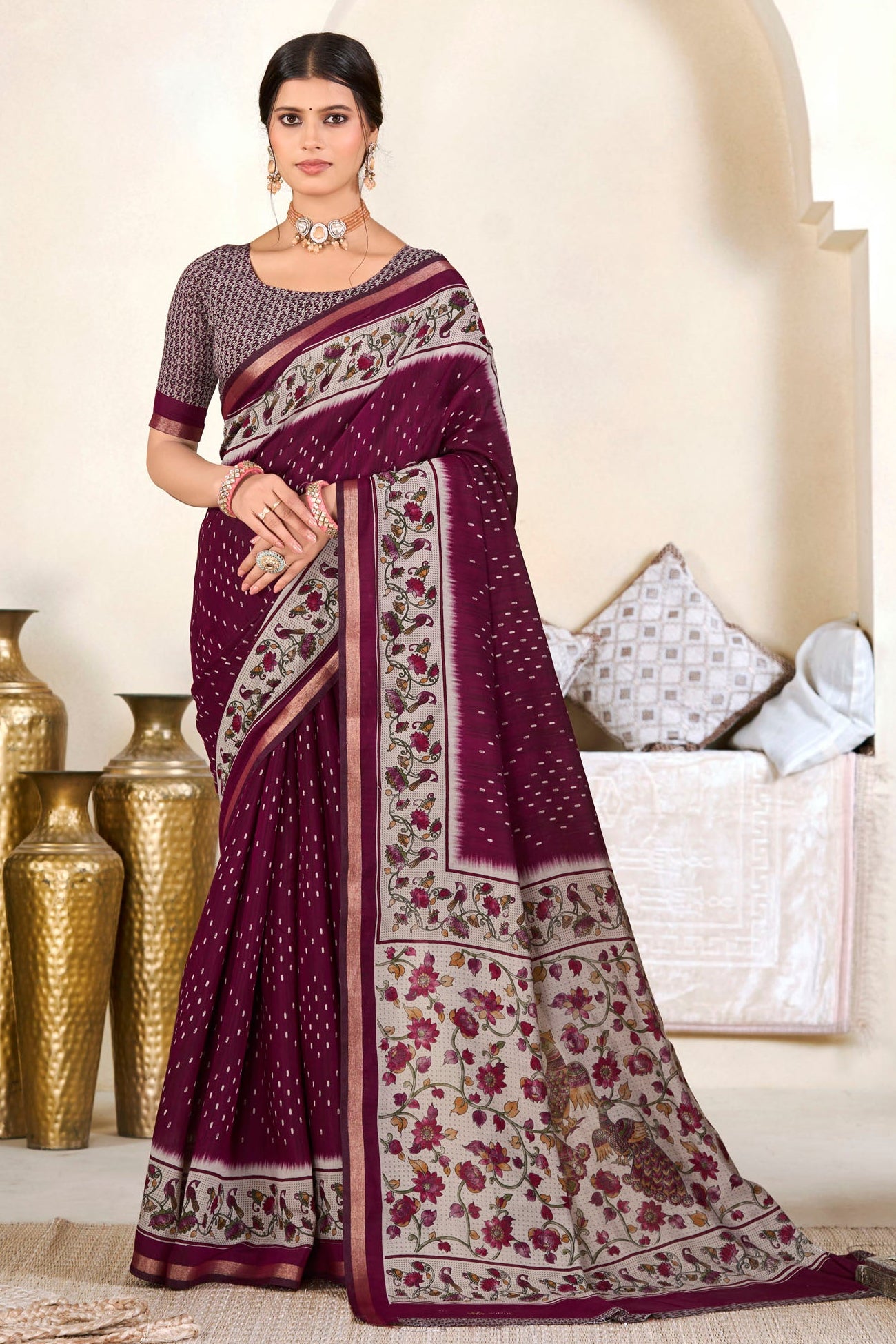 Monalisa - Wine Printed Liva Cotton Silk Saree
