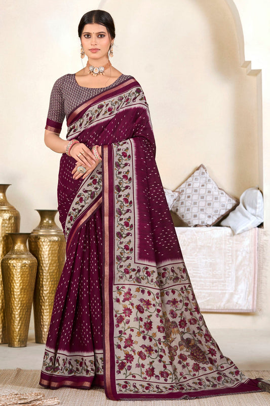 Monalisa - Wine Printed Liva Cotton Silk Saree
